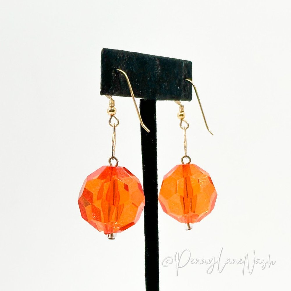 Vintage Single Sphere Orange Bead Dangle Hook Earrings - Picture 8 of 8